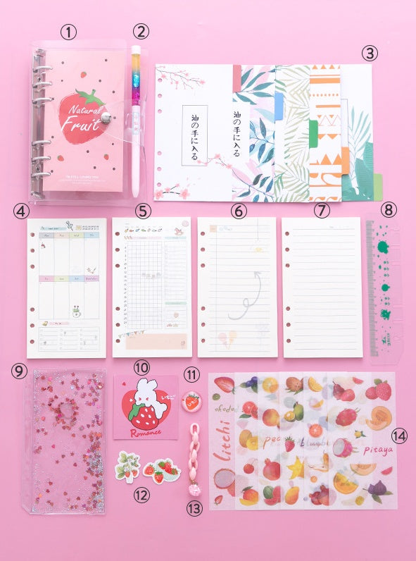 Collection of stationery items including notebooks, stickers, and a pen on a pink background