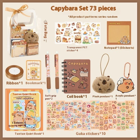 Capybara-themed stationery set with various items on a beige background