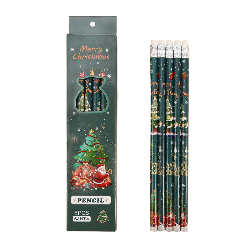 Christmas Pencils 6-Piece Set - Kawaii Santa Wood Pencils with Erasers