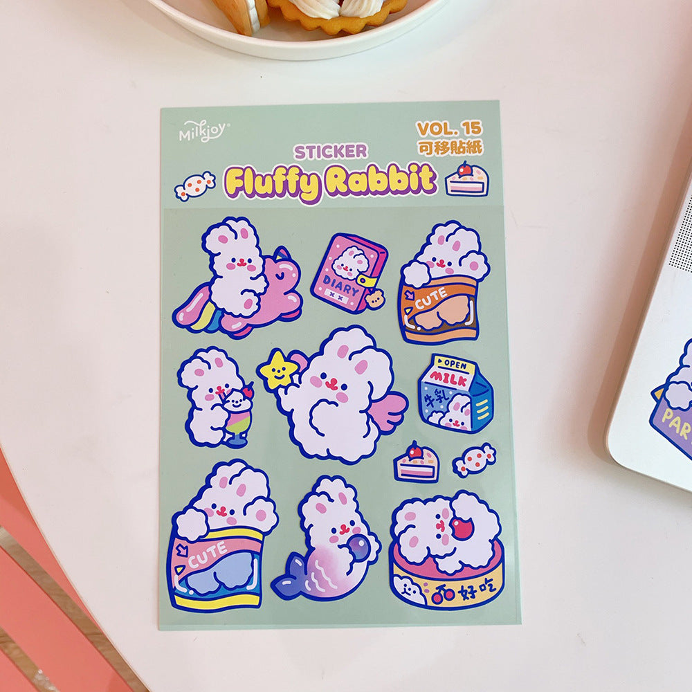 Sheet of 'Fluffy Rabbit' stickers with colorful designs on a light green background.