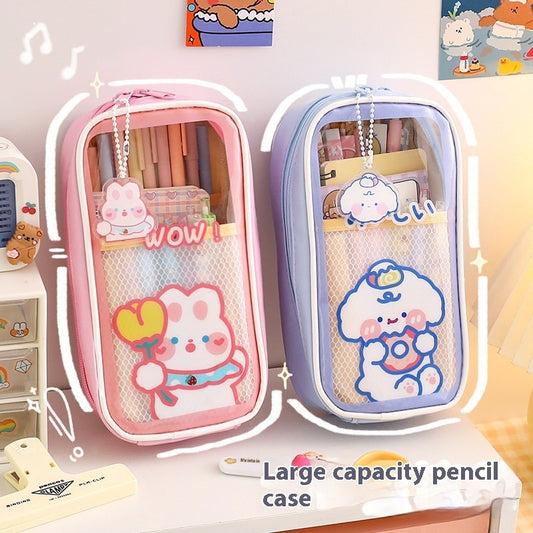 Kawaii Cartoon Transparent Pencil Case - Large Capacity