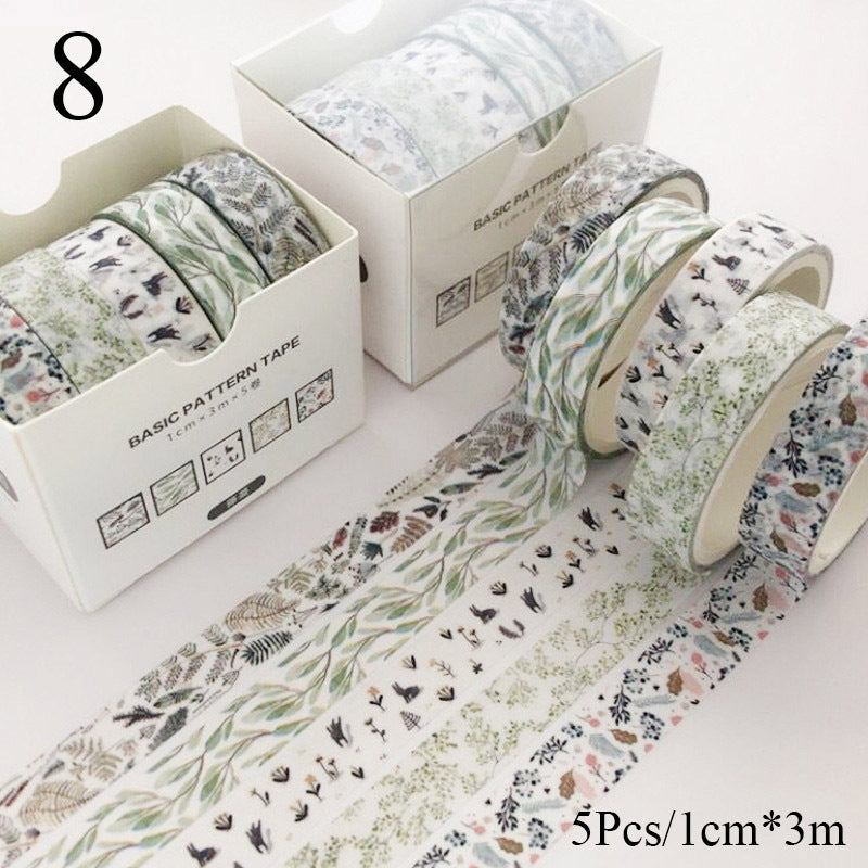 Set of floral-patterned tape rolls with packaging on a white background