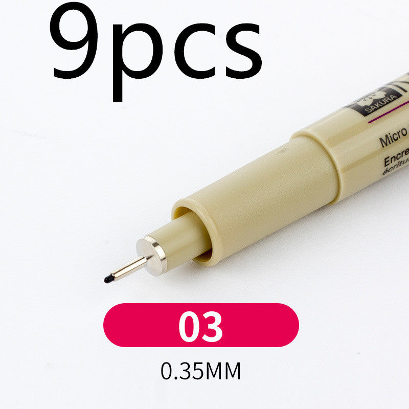Beige marker pen with a red dot and text indicating '9 pcs' and '0.35MM' on a white background