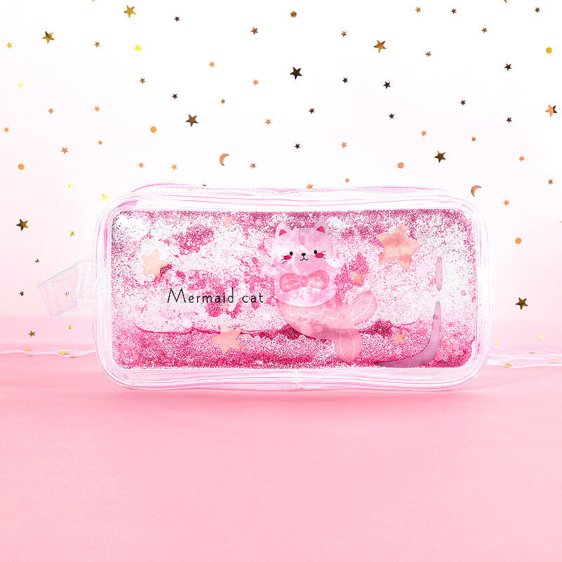Kawaii Liquid Glitter Quicksand Pencil Case - Transparent Cosmetic Bag