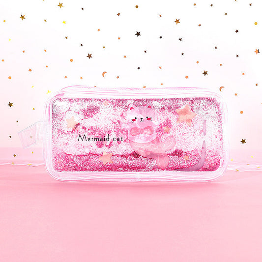Kawaii Liquid Glitter Quicksand Pencil Case - Transparent Cosmetic Bag