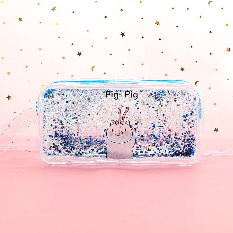 Kawaii Liquid Glitter Quicksand Pencil Case - Transparent Cosmetic Bag