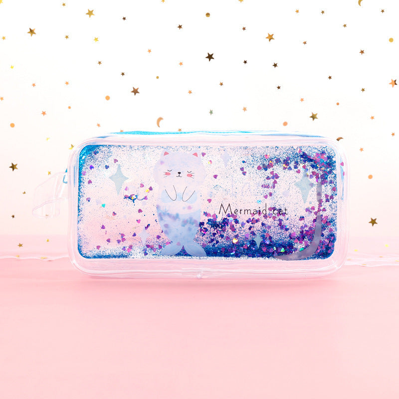 Kawaii Liquid Glitter Quicksand Pencil Case - Transparent Cosmetic Bag