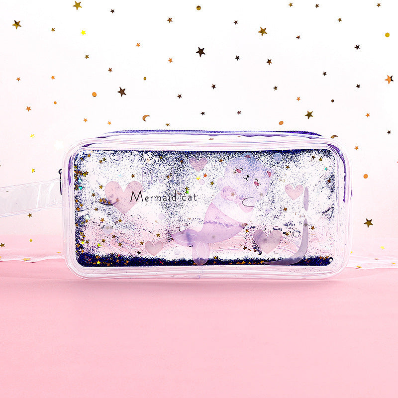 Kawaii Liquid Glitter Quicksand Pencil Case - Transparent Cosmetic Bag