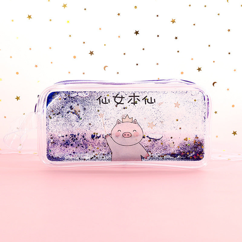 Kawaii Liquid Glitter Quicksand Pencil Case - Transparent Cosmetic Bag