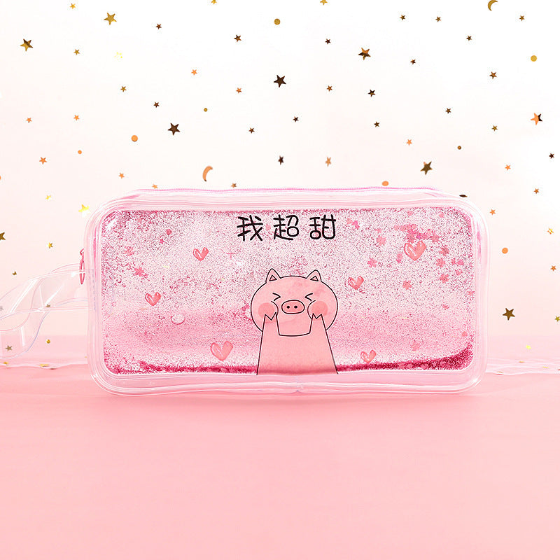 Kawaii Liquid Glitter Quicksand Pencil Case - Transparent Cosmetic Bag