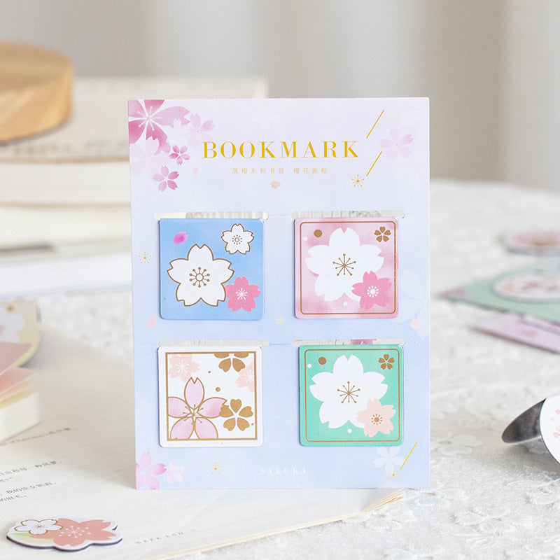 Yanji magnetic bookmarks with falling sakura cherry blossom design - set of 4 cute styles on light background.