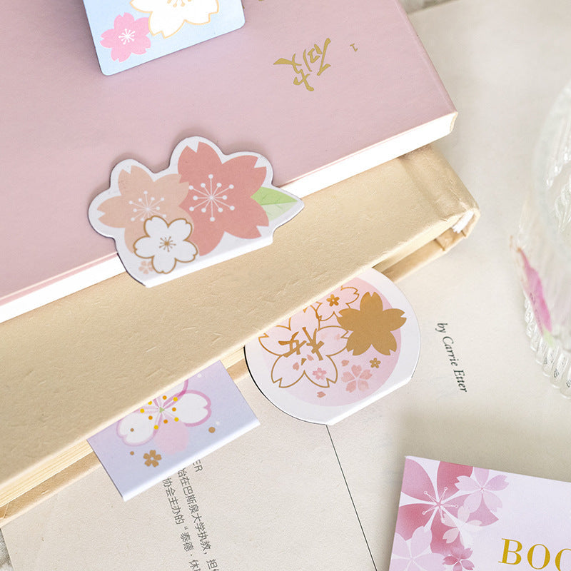 Sakura bookmarks on a notebook with a soft focus background