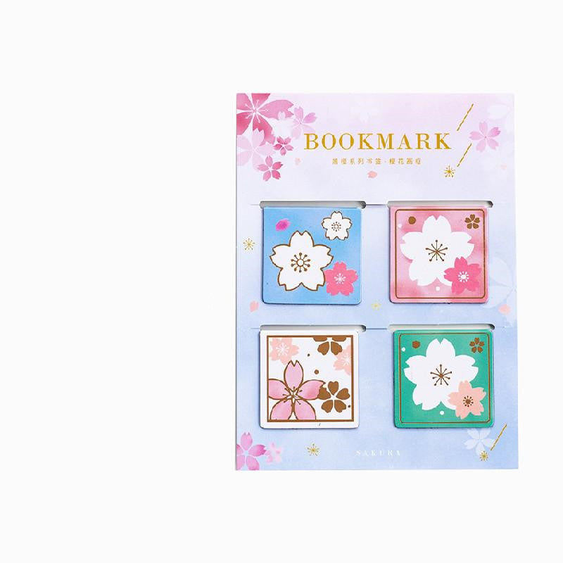 "Yanji magnetic bookmarks with falling sakura cherry blossom design and cute girl illustrations - set of 4 styles"