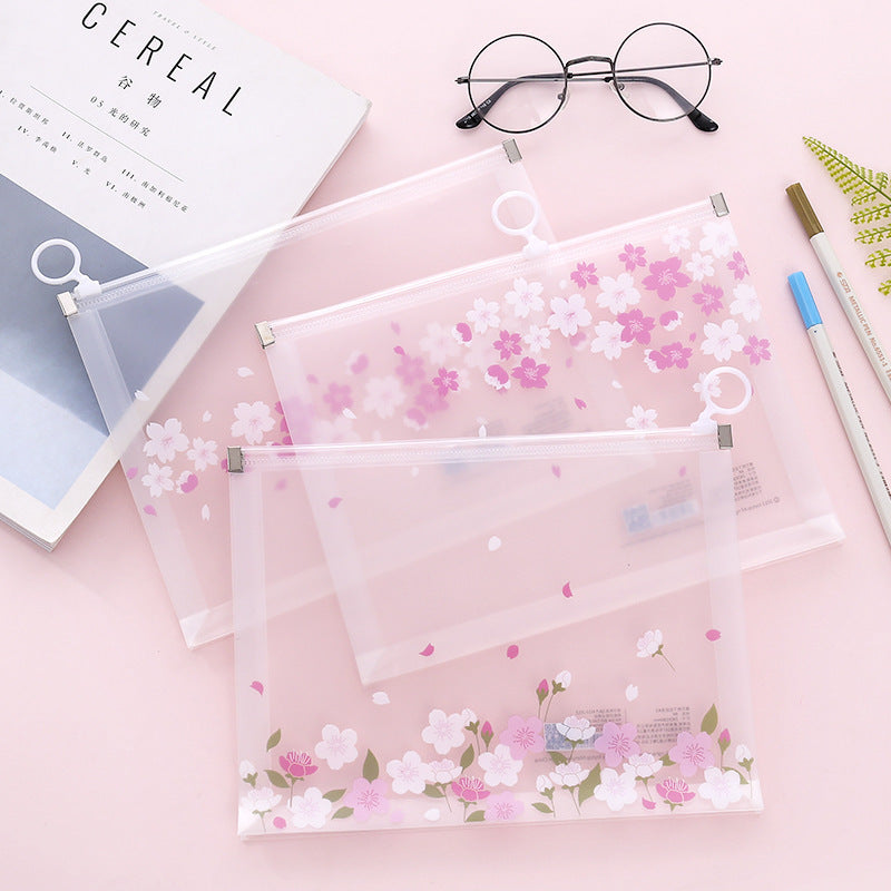 Kawaii A4 File Storage Bag - Translucent Frosted Ring Zipper Organizer