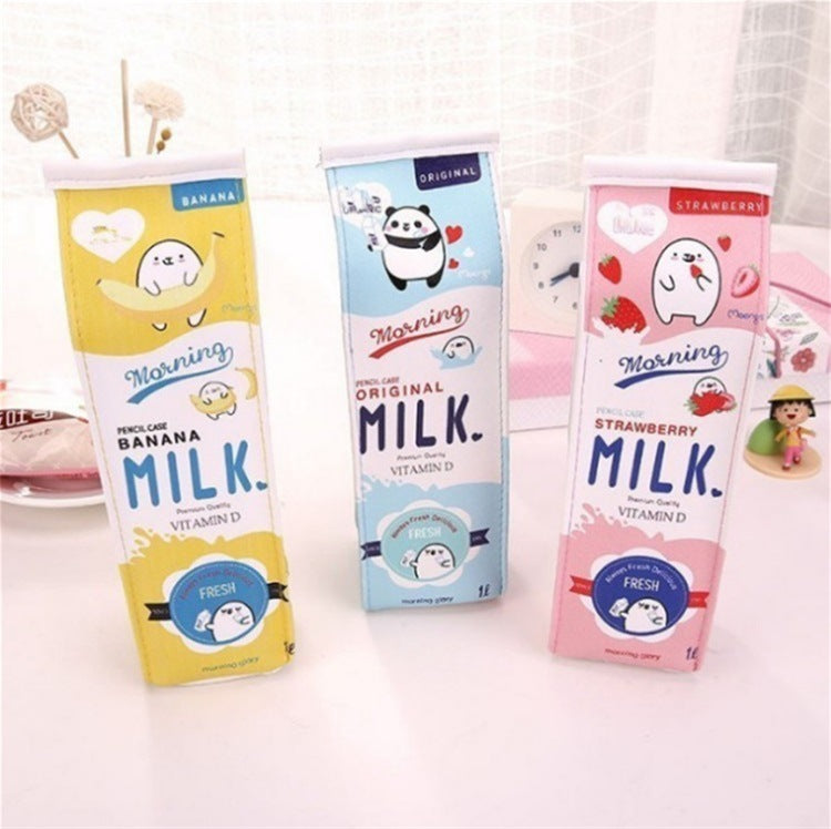 Three cartoon-themed milk carton Pencil Cases on a white background