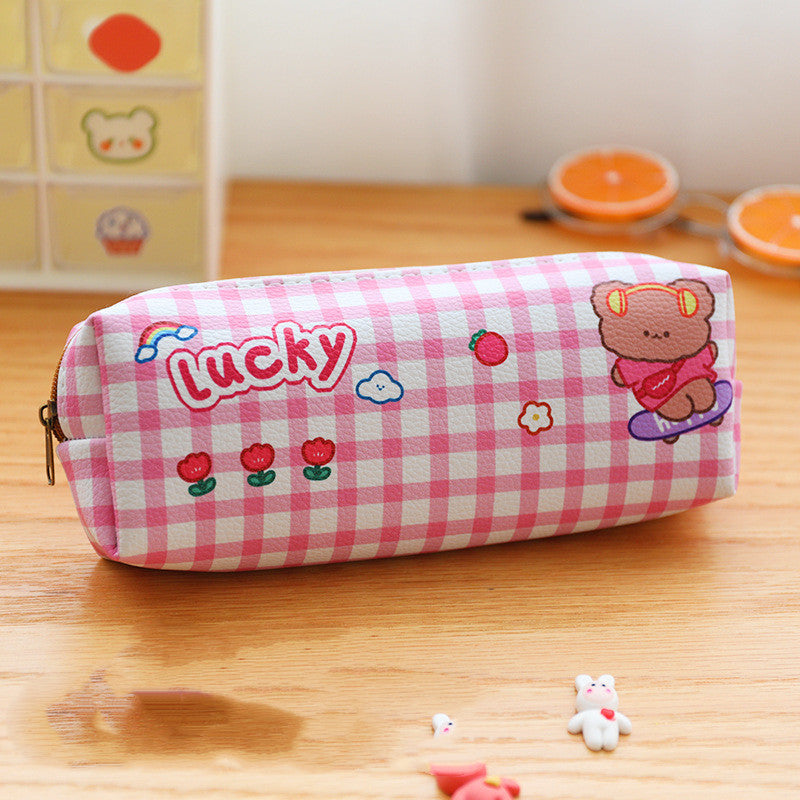 Kawaii Bear Plaid Waterproof Pencil Case - Storage Bag