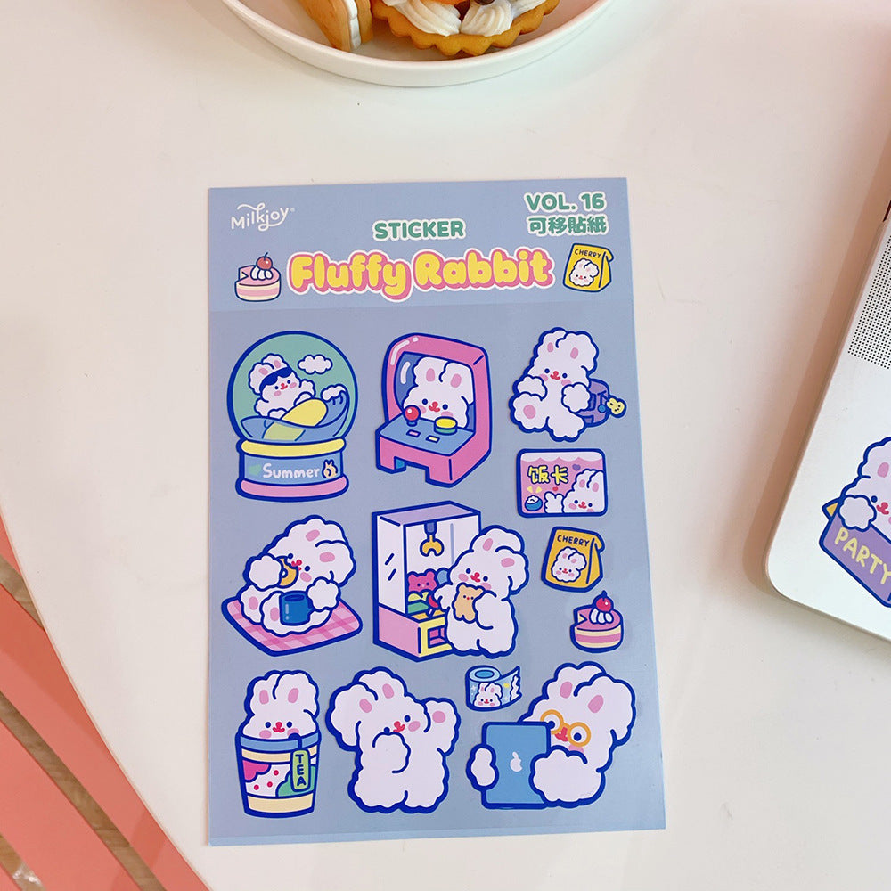 Sticker sheet with fluffy rabbit design on a light surface