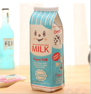 Milk Carton Pencil Case of organic milk with a blue and white design on a light background