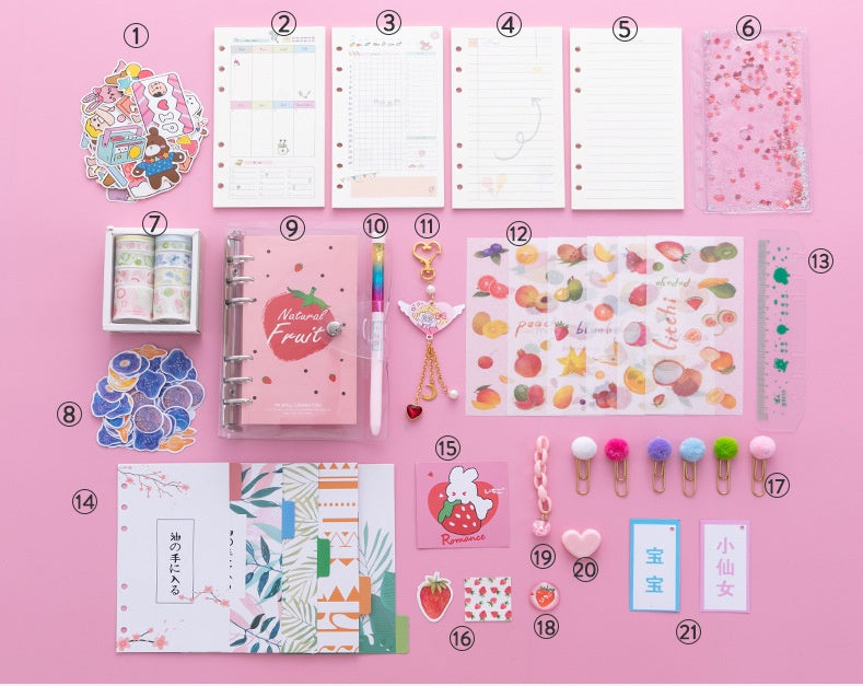 Collection of stationery items including planners, stickers, and decorative elements on a pink background.