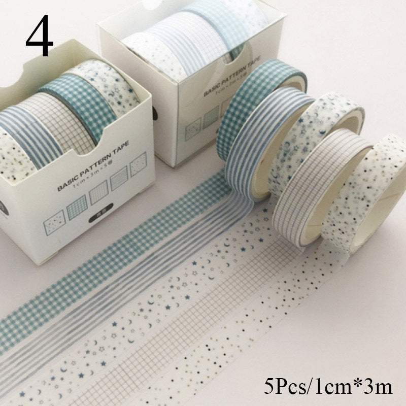 Set of patterned tapes with packaging on a light background