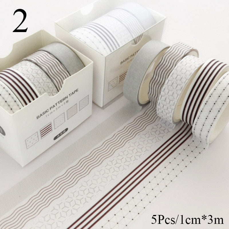 Set of patterned tapes with packaging on a light gray background