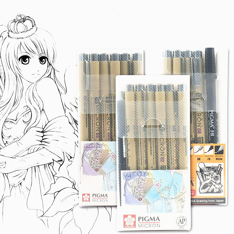 Set of Pigma Micron drawing pens with an illustration of a character on the left.