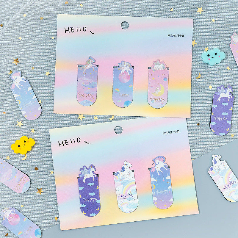 Colorful unicorn-themed Bookmarks on a decorative background with stars and clouds.