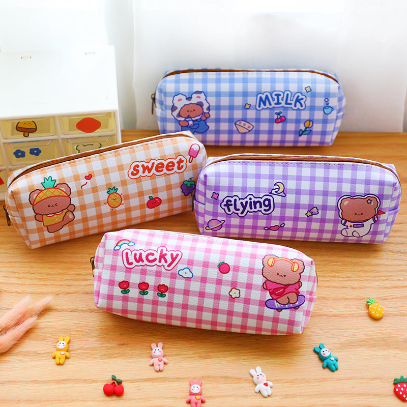 Kawaii Bear Plaid Waterproof Pencil Case - Storage Bag