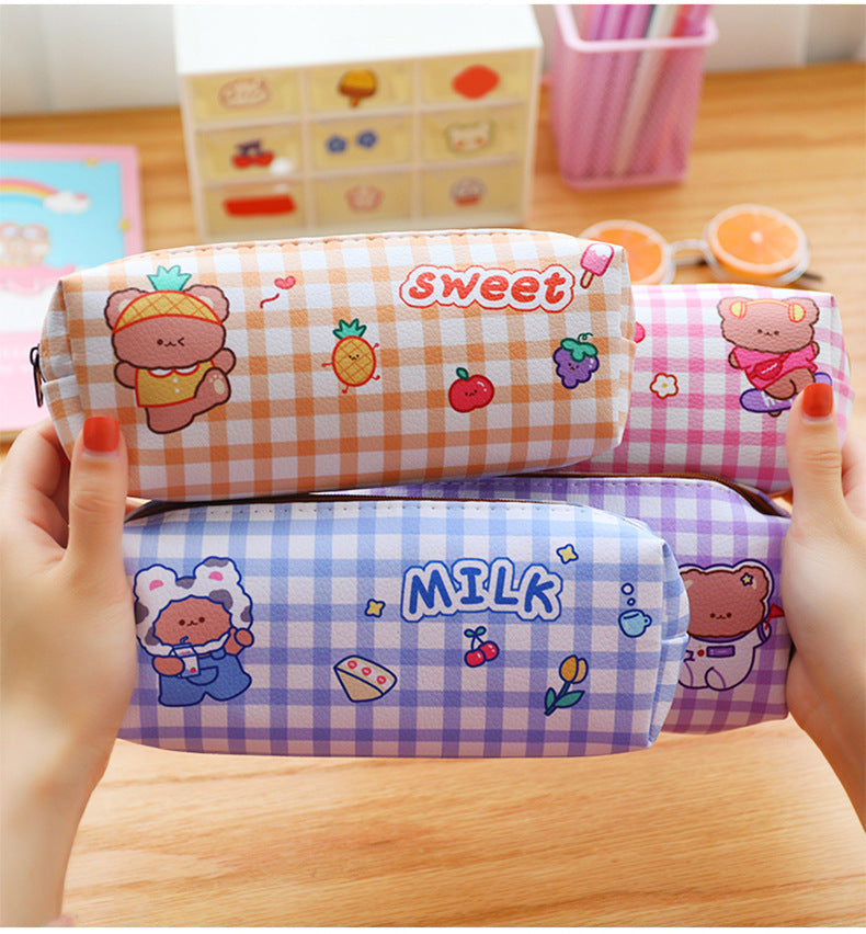 Kawaii Bear Plaid Waterproof Pencil Case - Storage Bag