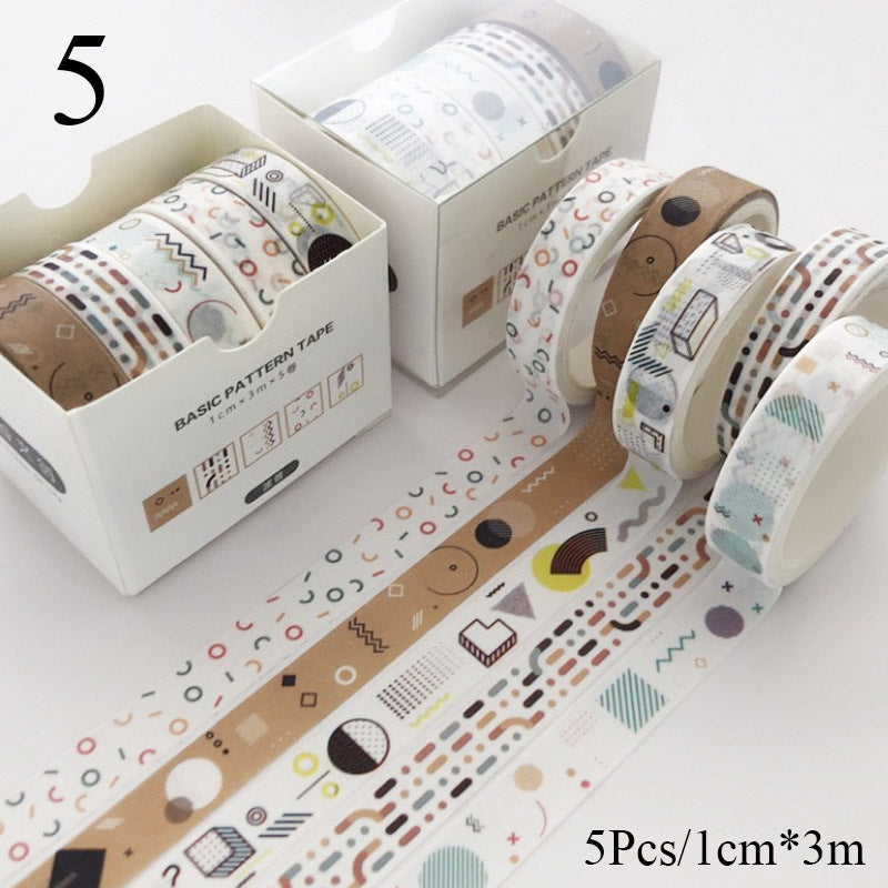 Set of patterned tape rolls with packaging on a white background