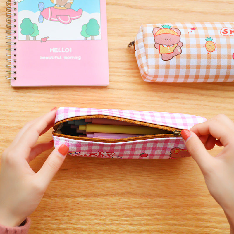 Kawaii Bear Plaid Waterproof Pencil Case - Storage Bag