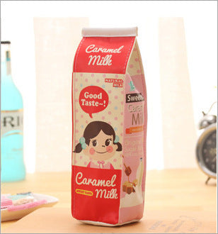 Caramel milk Pencil Case with a child-like illustration on a light background