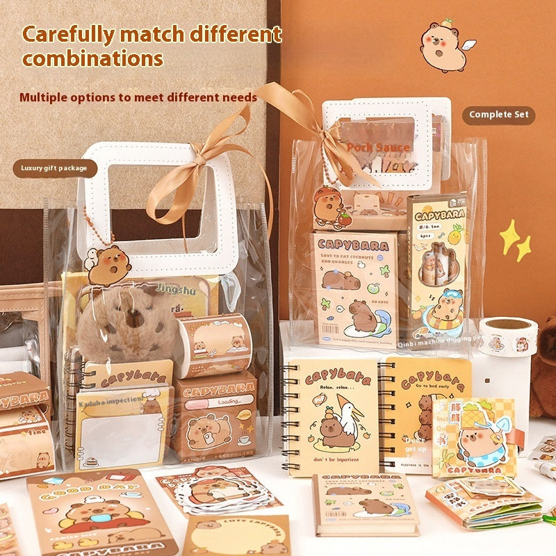 Collection of cute stationery items with cartoon bear design Capybara in clear packaging.