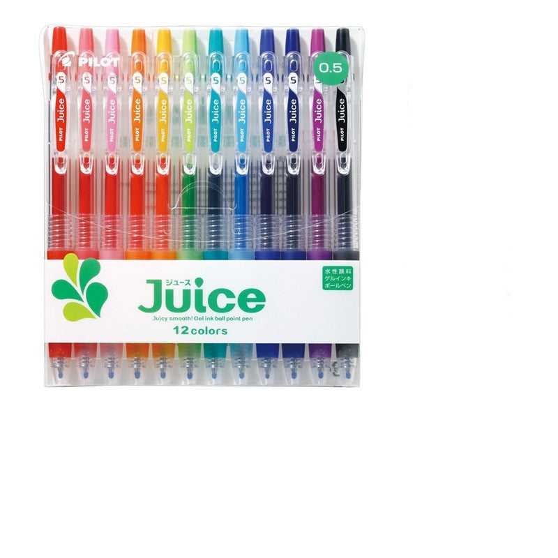 Pack of 12 colorful pens with Juice branding on a white background