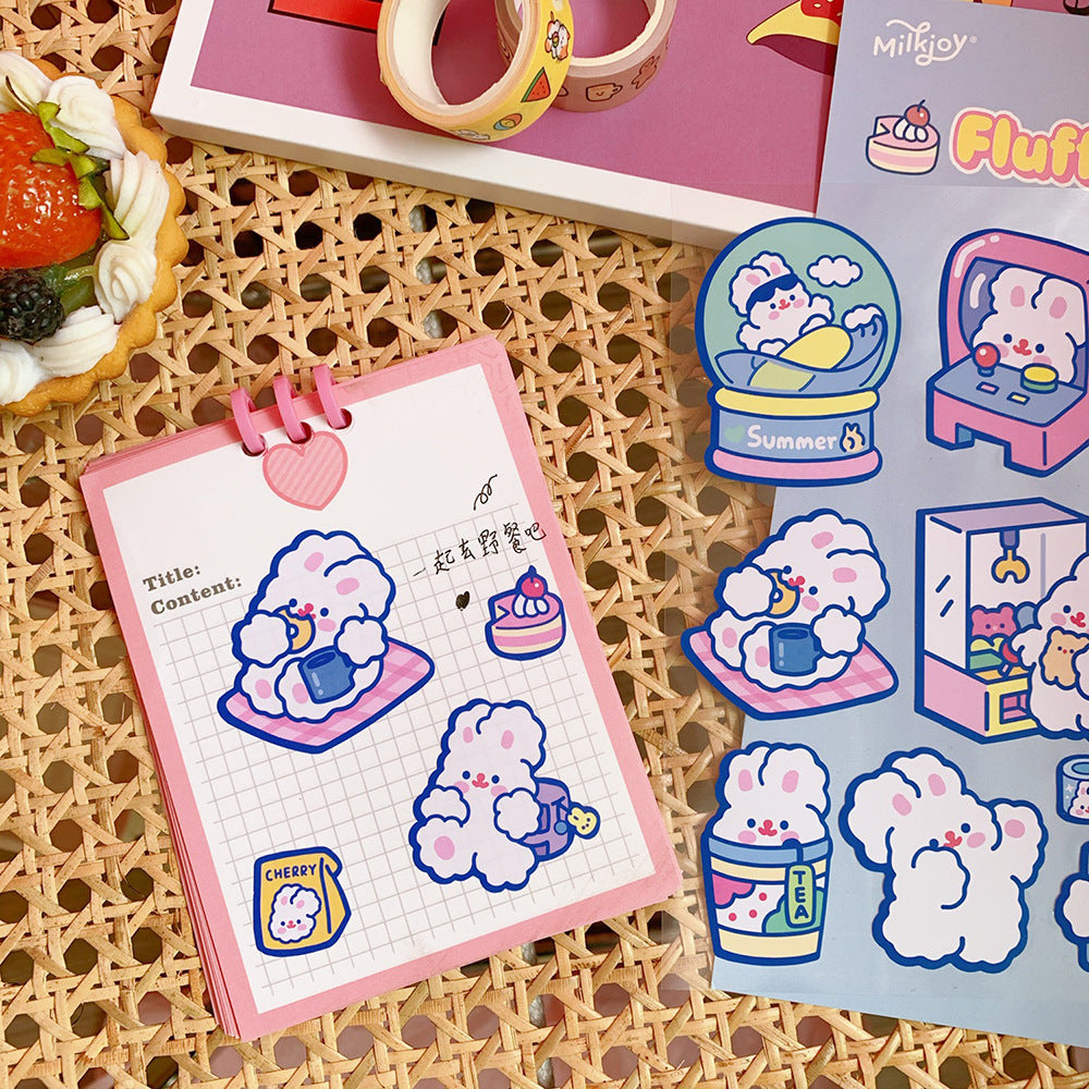 Sticker sheet with cartoon character and related items on a textured surface