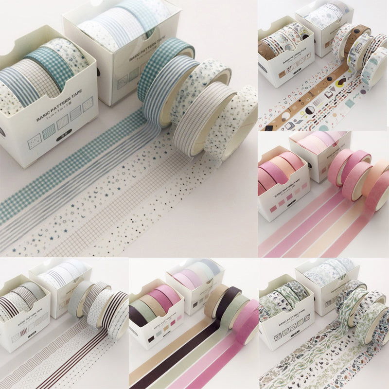 Collage of various patterned tape rolls with their packaging on a white background.