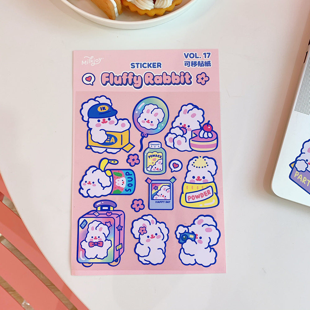 Sticker sheet with fluffy rabbit design on a pink background