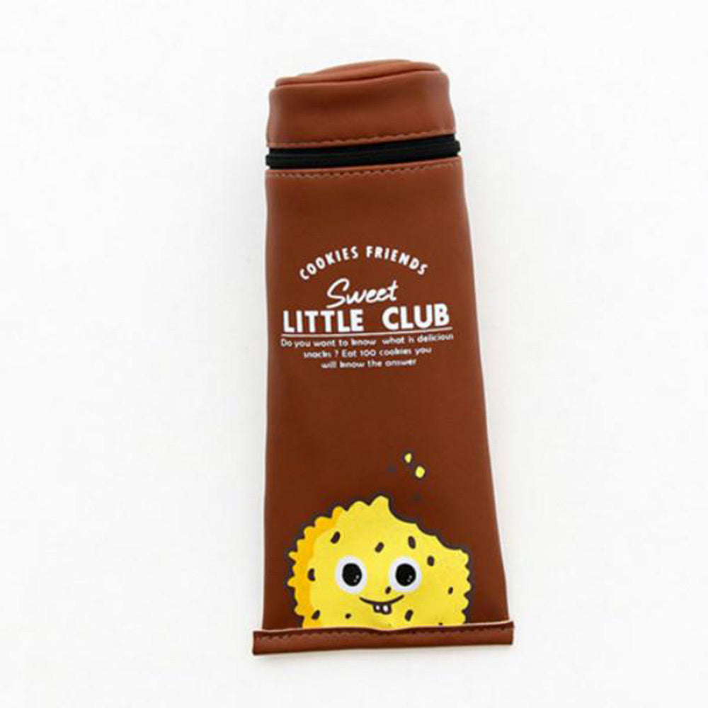 Brown Toothpaste Pencil Case with a cartoon cookie design and text on a white background