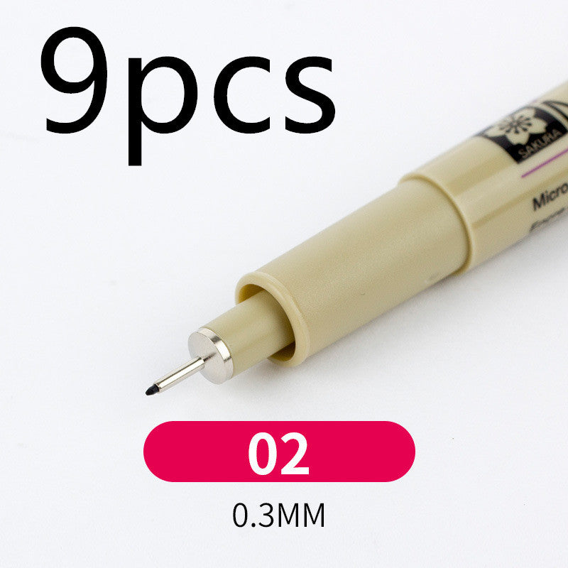 Beige marker pen with a pink accent on a white background, labeled '9 pcs' and '0.3MM'.