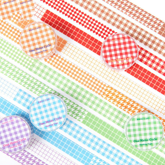 Set of colorful washi tape rolls with checkered and grid patterns.