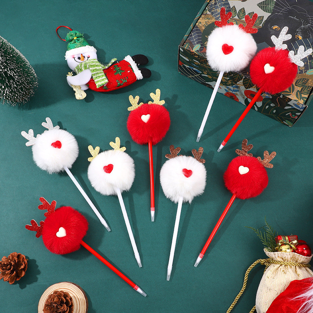 Christmas Deer Antler Ribbon Pen - Kawaii Reindeer Heart Nose Ballpoint Pen