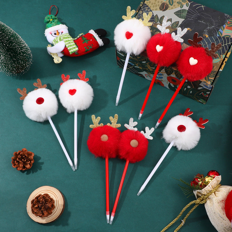 Christmas Deer Antler Ribbon Pen - Kawaii Reindeer Heart Nose Ballpoint Pen