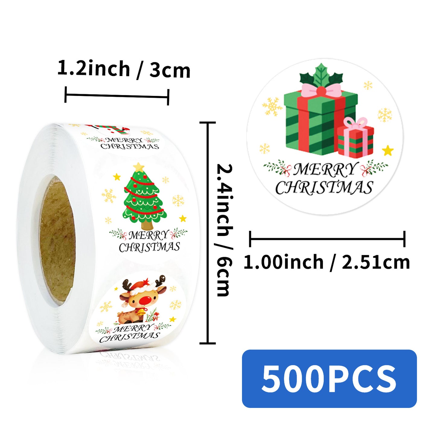 Christmas Stickers Roll 500 Pieces - Festive Round Dot Stickers for Journaling