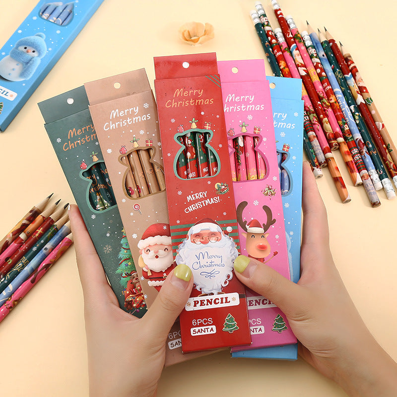 Christmas Pencils 6-Piece Set - Kawaii Santa Wood Pencils with Erasers