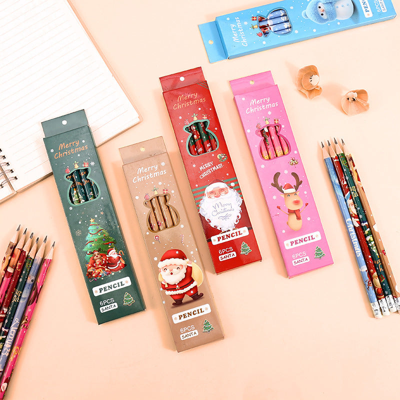 Christmas Pencils 6-Piece Set - Kawaii Santa Wood Pencils with Erasers
