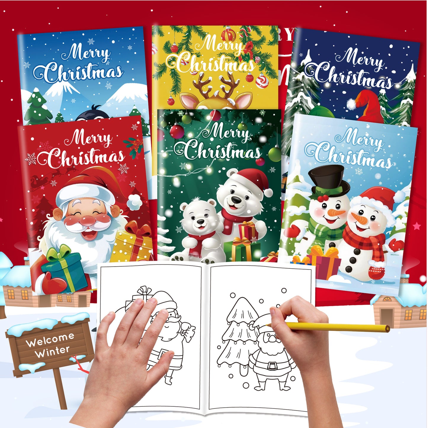 Christmas Coloring Book Set 6 Mini Books - Kawaii Holiday Activity Books