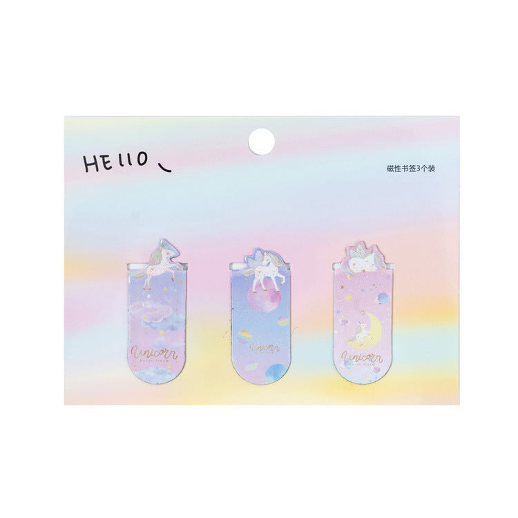 Three colorful Bookmarks with unicorn designs on a pastel gradient background.