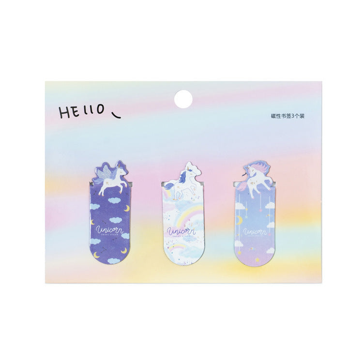 Three unicorn-themed bookmarks on a pastel rainbow background with 'HELLO' text.