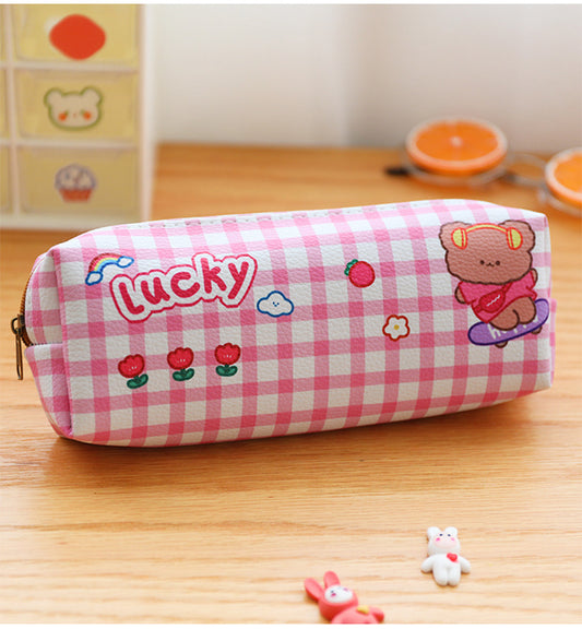 Kawaii Bear Plaid Waterproof Pencil Case - Storage Bag