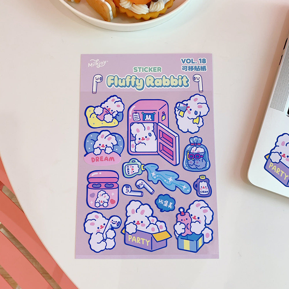 Sticker sheet with fluffy rabbit design on a light surface